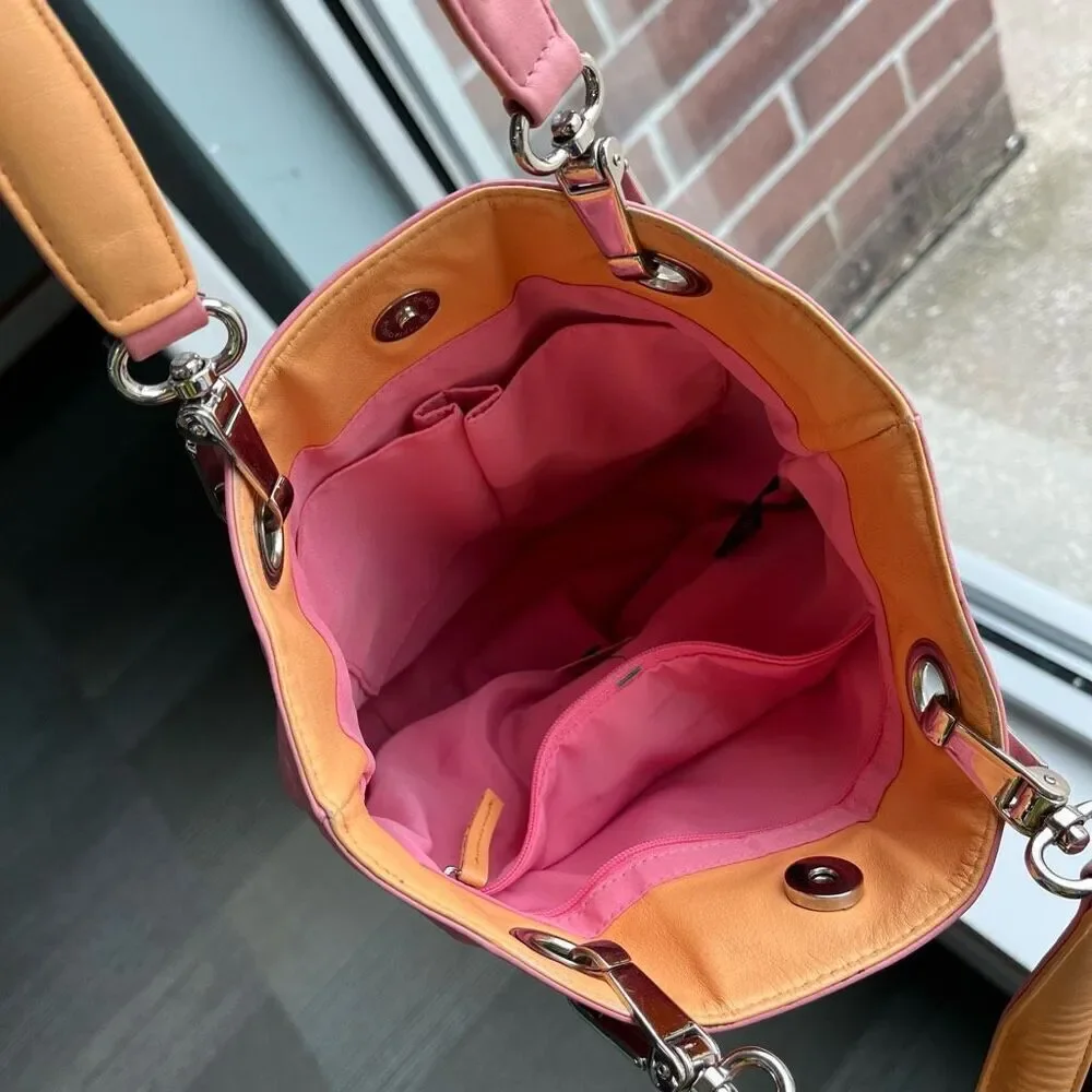 Talbots Y2K Pink Leather Tote Bag w/ Orange Handles Pastel Retro Shoulder Purse - Picture 3 of 7